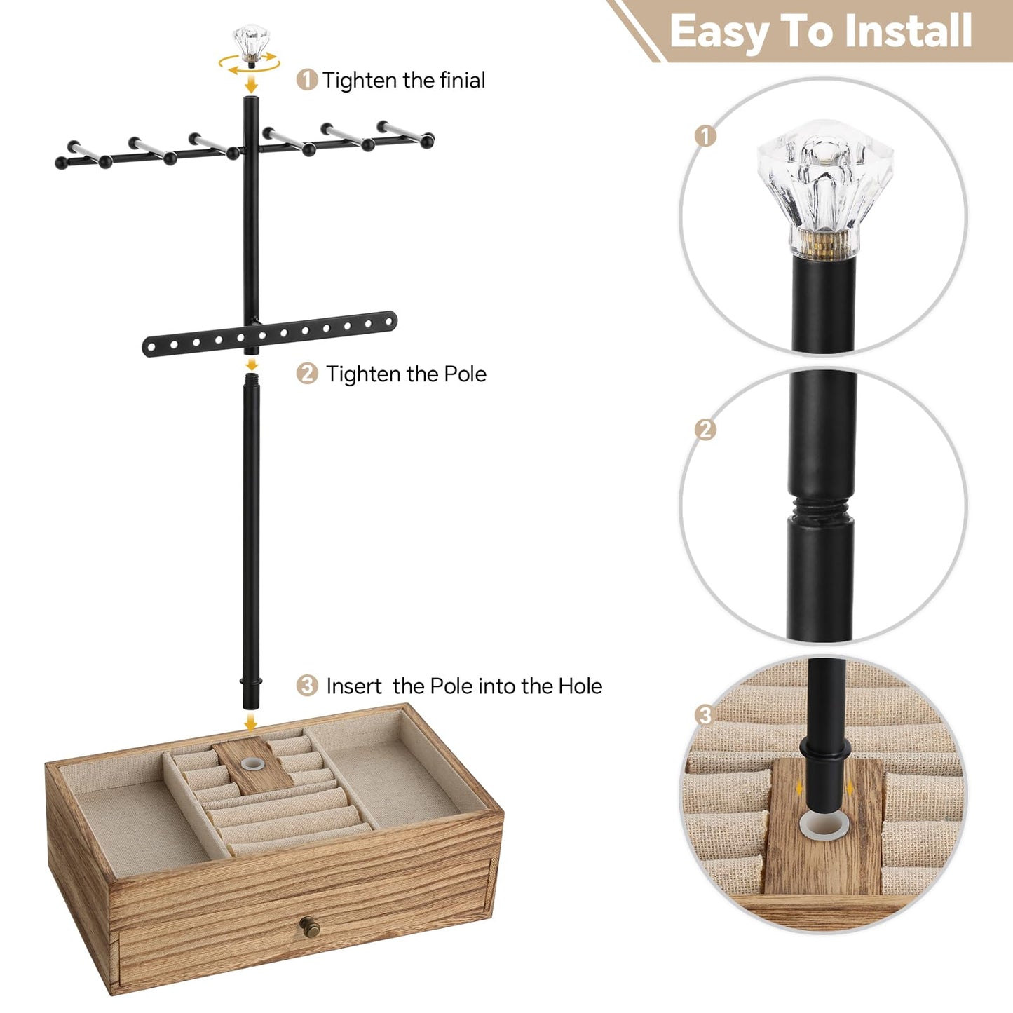 Jewelry Organizer Stand, 3-Tier Necklace Holder Jewelry Tree with Wooden Storage Drawer Box for Necklace Bracelet Earring Ring, Carbonized Black