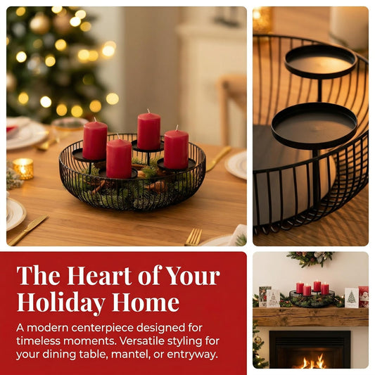 4-Tray Matte Black Candle Holder - Round Pillar Candle Holder for Fireplace Mantel, Dining Table Centerpiece, Modern Wire Basket Candle Stand for Home Decor, Wedding & Holiday Decorations