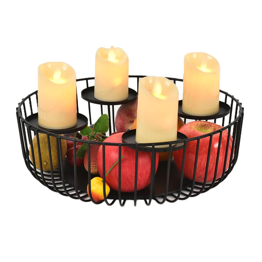 4-Tray Matte Black Candle Holder - Round Pillar Candle Holder for Fireplace Mantel, Dining Table Centerpiece, Modern Wire Basket Candle Stand for Home Decor, Wedding & Holiday Decorations