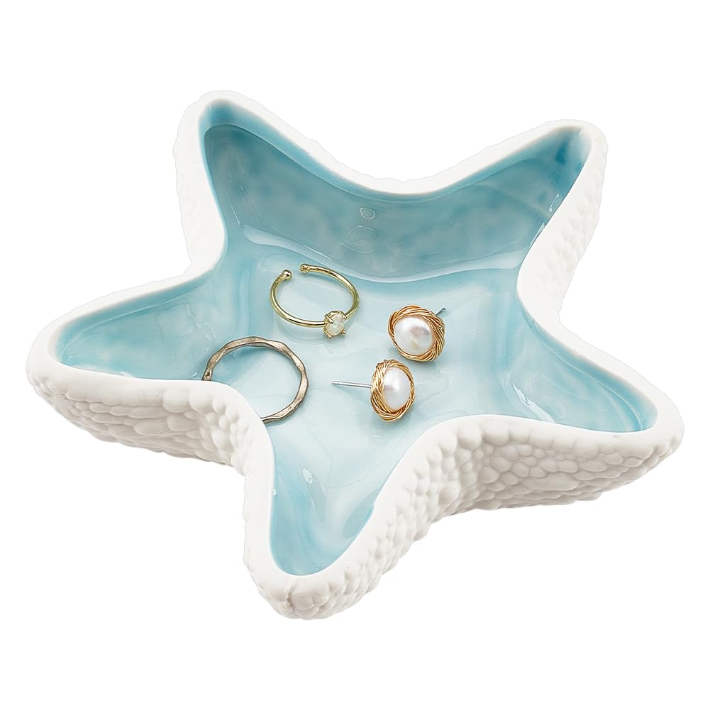 Starfish Shape Ceramic Jewelry Tray, Aqua Shell Trinket Dish Ceramic Ring Earring Holder Ocean-themed Decorative Trinket Plate for Rings Earrings Necklaces Bracelet Jewelry Watch Keys