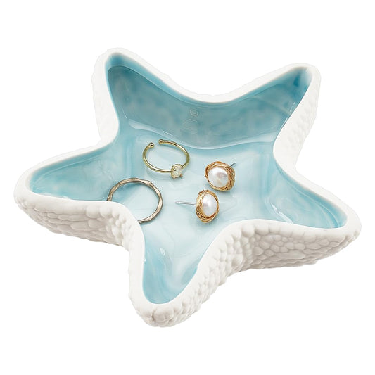Starfish Shape Ceramic Jewelry Tray, Aqua Shell Trinket Dish Ceramic Ring Earring Holder Ocean-themed Decorative Trinket Plate for Rings Earrings Necklaces Bracelet Jewelry Watch Keys