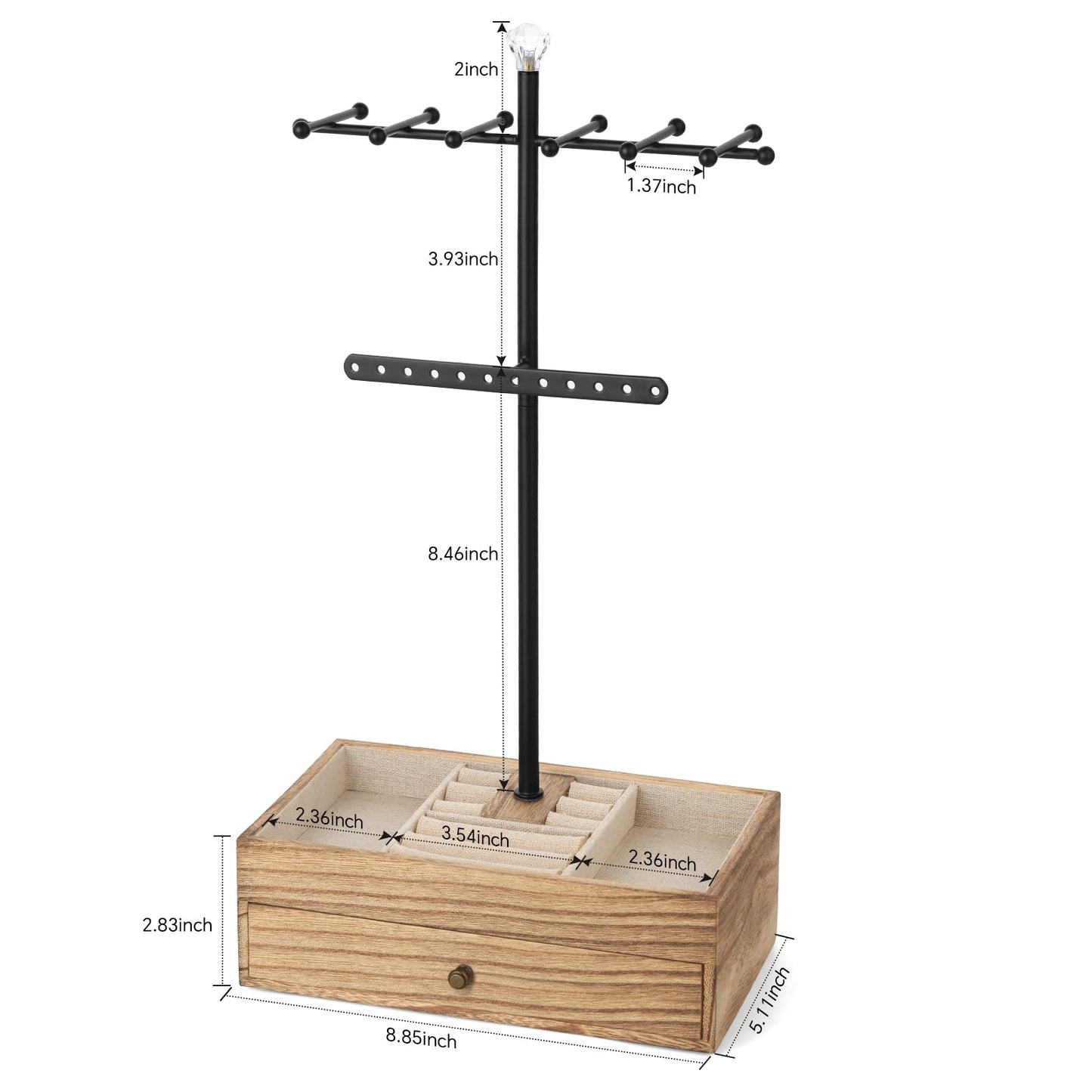 Jewelry Organizer Stand, 3-Tier Necklace Holder Jewelry Tree with Wooden Storage Drawer Box for Necklace Bracelet Earring Ring, Carbonized Black