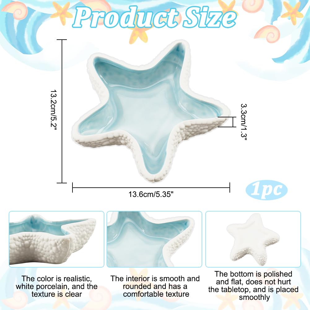 Starfish Shape Ceramic Jewelry Tray, Aqua Shell Trinket Dish Ceramic Ring Earring Holder Ocean-themed Decorative Trinket Plate for Rings Earrings Necklaces Bracelet Jewelry Watch Keys