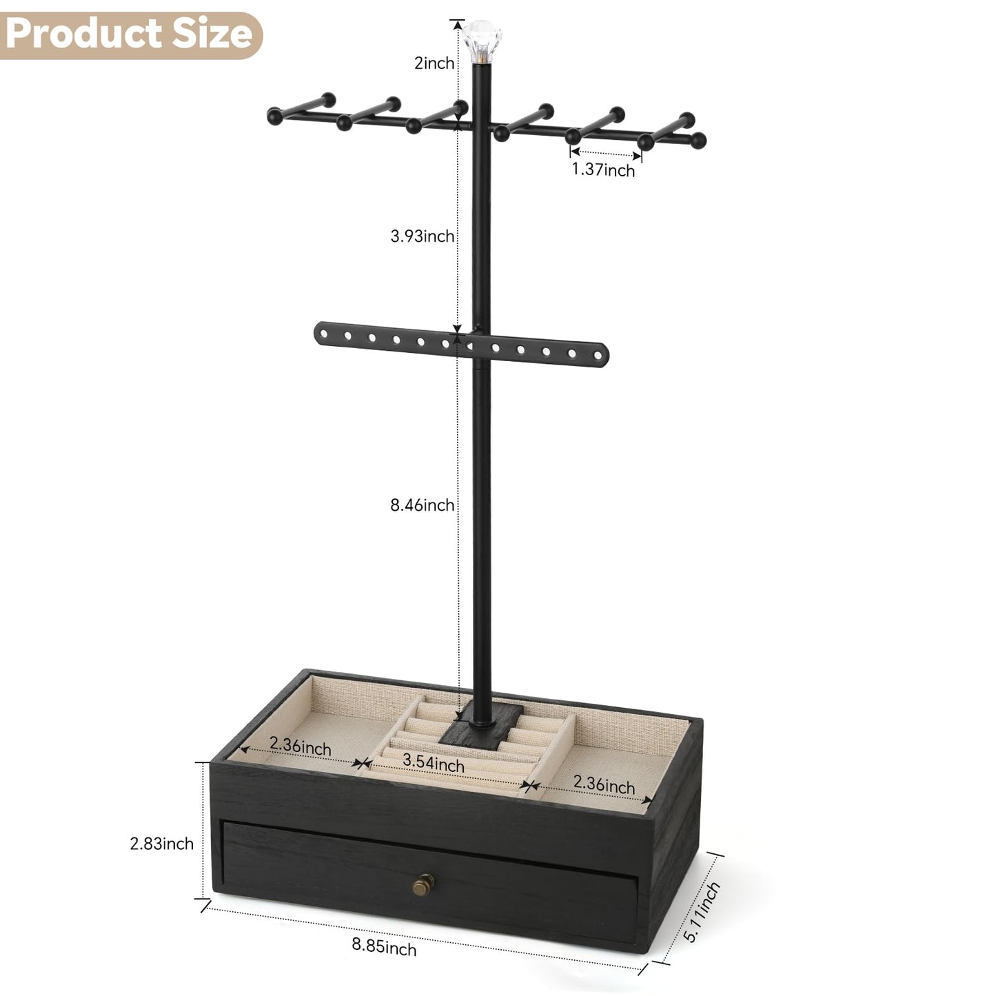 Jewelry Organizer Stand, 3-Tier Necklace Holder Jewelry Tree with Wooden Storage Drawer Box for Necklace Bracelet Earring Ring,Black