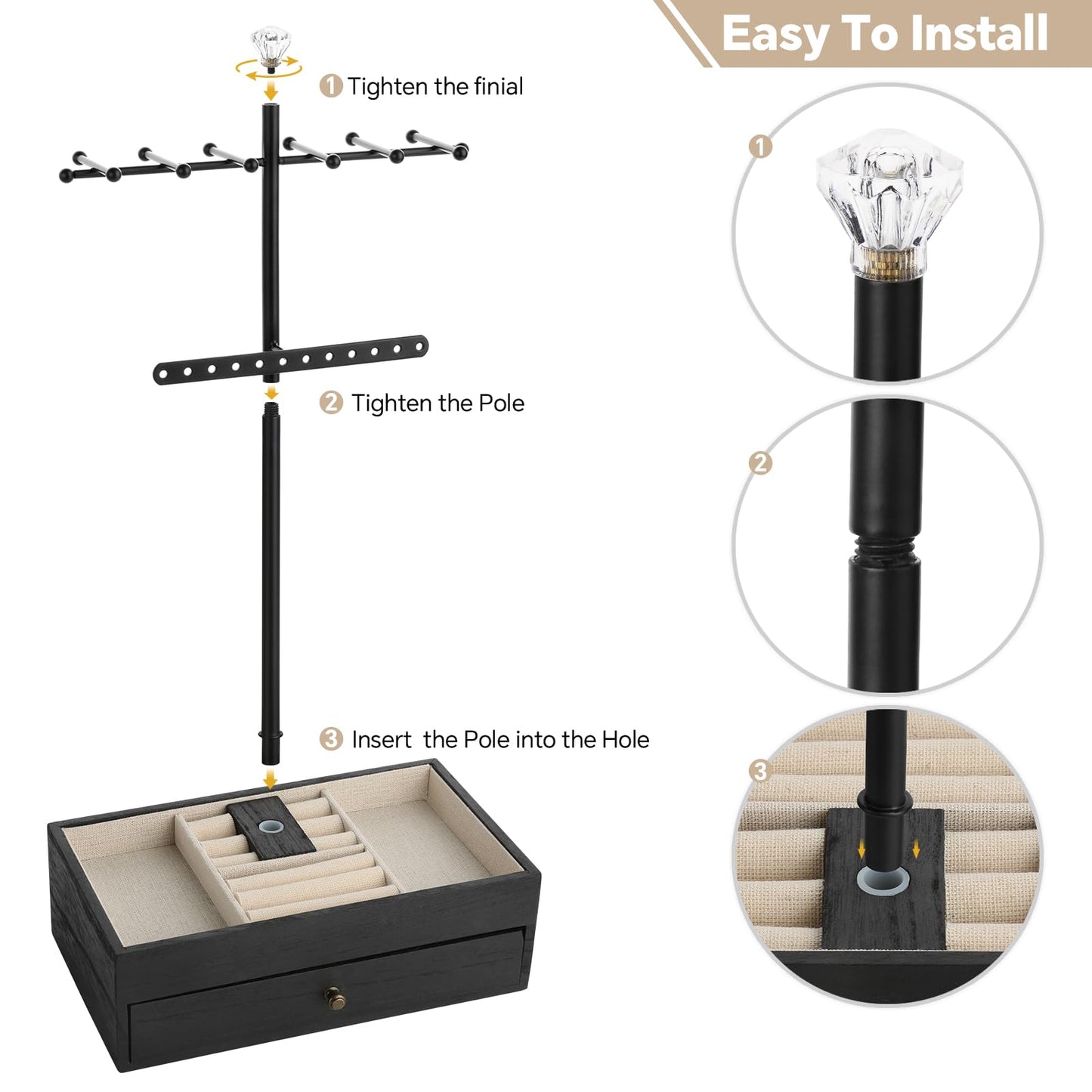 Jewelry Organizer Stand, 3-Tier Necklace Holder Jewelry Tree with Wooden Storage Drawer Box for Necklace Bracelet Earring Ring,Black