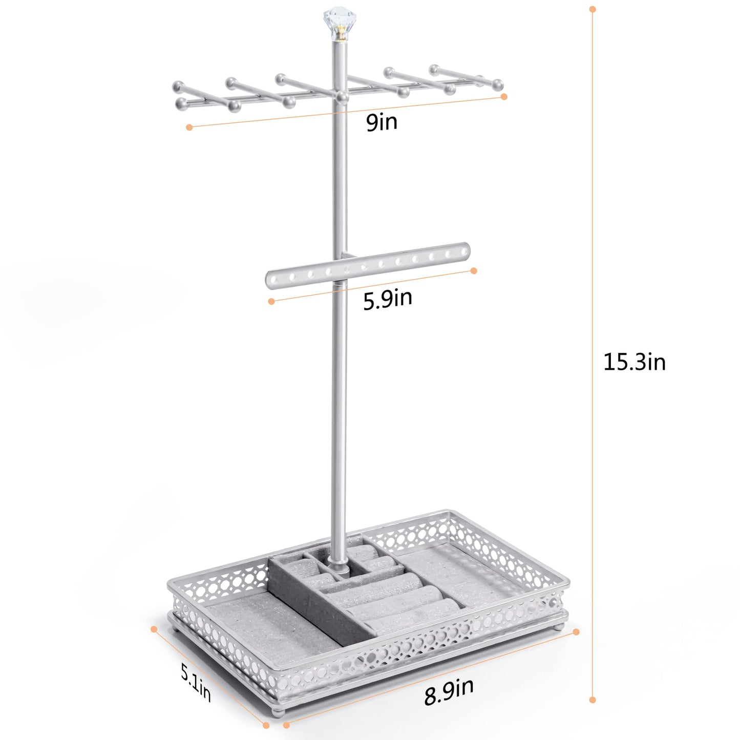 Jewelry Organizer Stand, 15.6" H Jewelry Tree Display Holder Stand for Bracelets Necklaces Earrings Rings, Gift for Women Girls (Silver)