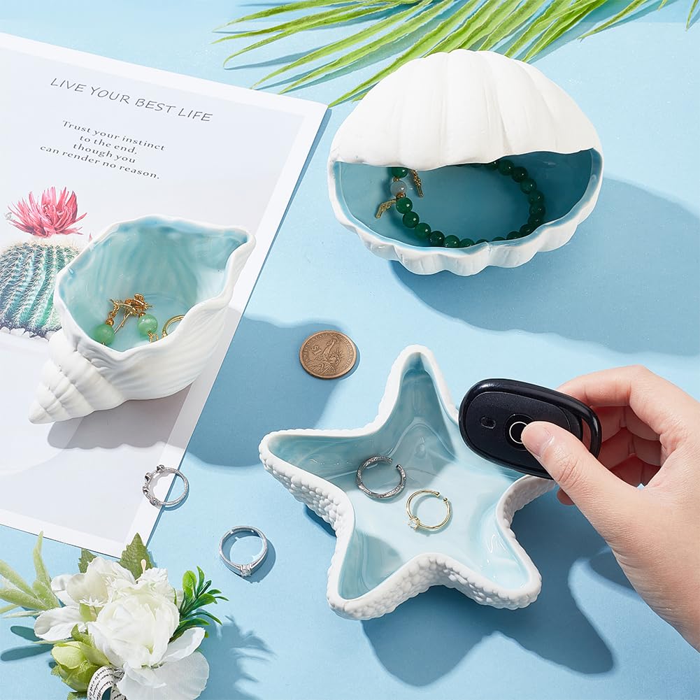Conch Shape Ceramic Jewelry Tray, Aqua Shell Trinket Dish Ceramic Ring Earring Holder Ocean-themed Decorative Trinket Plate for Rings Earrings Necklaces Bracelet Jewelry Watch Keys