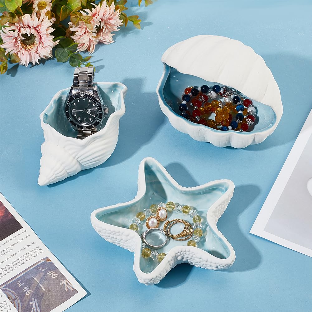 Conch Shape Ceramic Jewelry Tray, Aqua Shell Trinket Dish Ceramic Ring Earring Holder Ocean-themed Decorative Trinket Plate for Rings Earrings Necklaces Bracelet Jewelry Watch Keys
