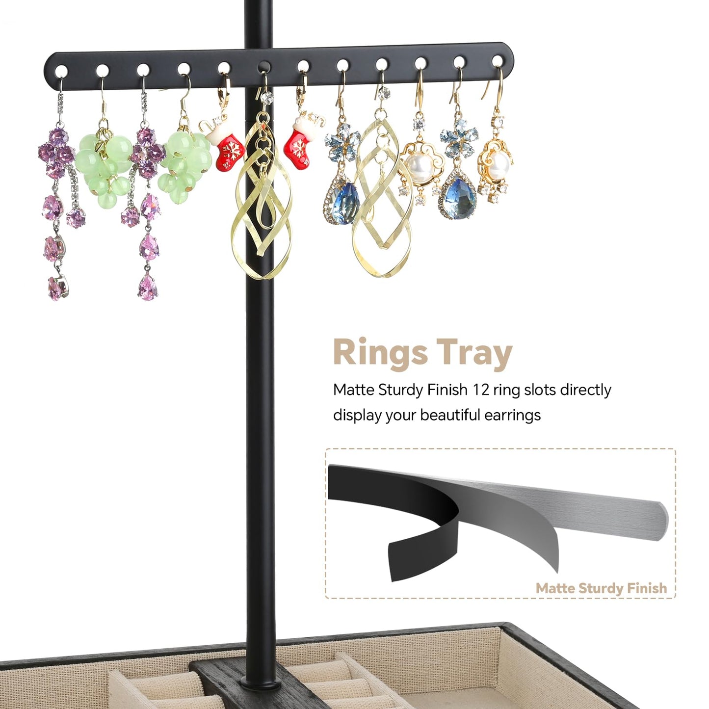 Jewelry Organizer Stand, 3-Tier Necklace Holder Jewelry Tree with Wooden Storage Drawer Box for Necklace Bracelet Earring Ring,Black