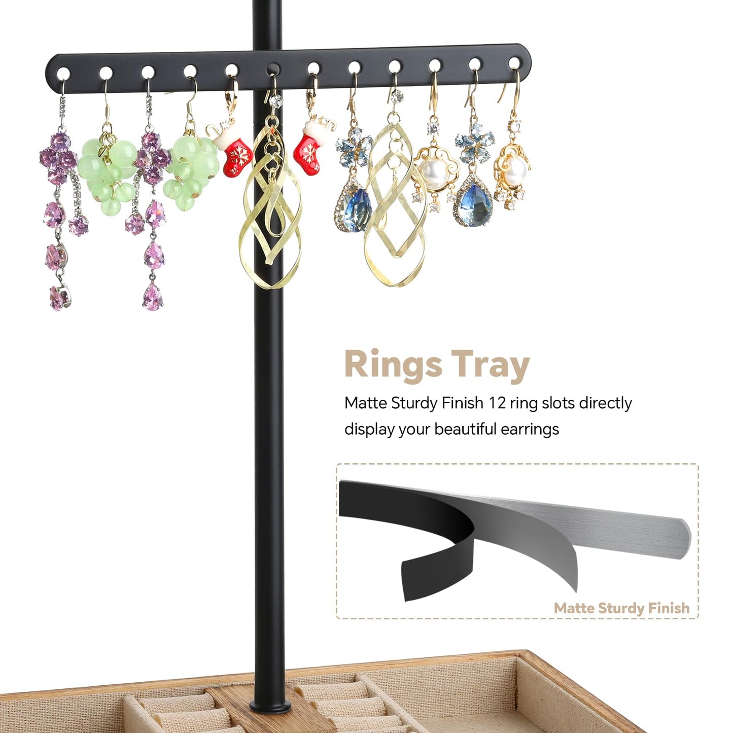 Jewelry Organizer Stand, 3-Tier Necklace Holder Jewelry Tree with Wooden Storage Drawer Box for Necklace Bracelet Earring Ring, Carbonized Black