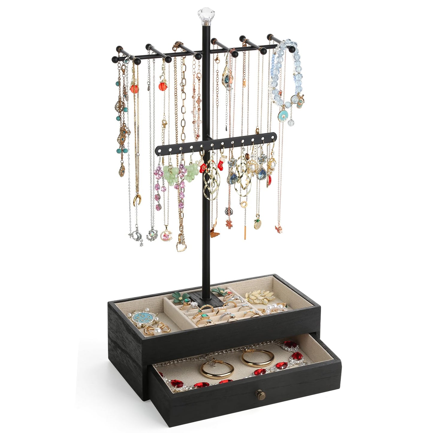 Jewelry Organizer Stand, 3-Tier Necklace Holder Jewelry Tree with Wooden Storage Drawer Box for Necklace Bracelet Earring Ring,Black