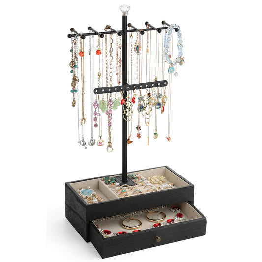 Jewelry Organizer Stand, 3-Tier Necklace Holder Jewelry Tree with Wooden Storage Drawer Box for Necklace Bracelet Earring Ring,Black