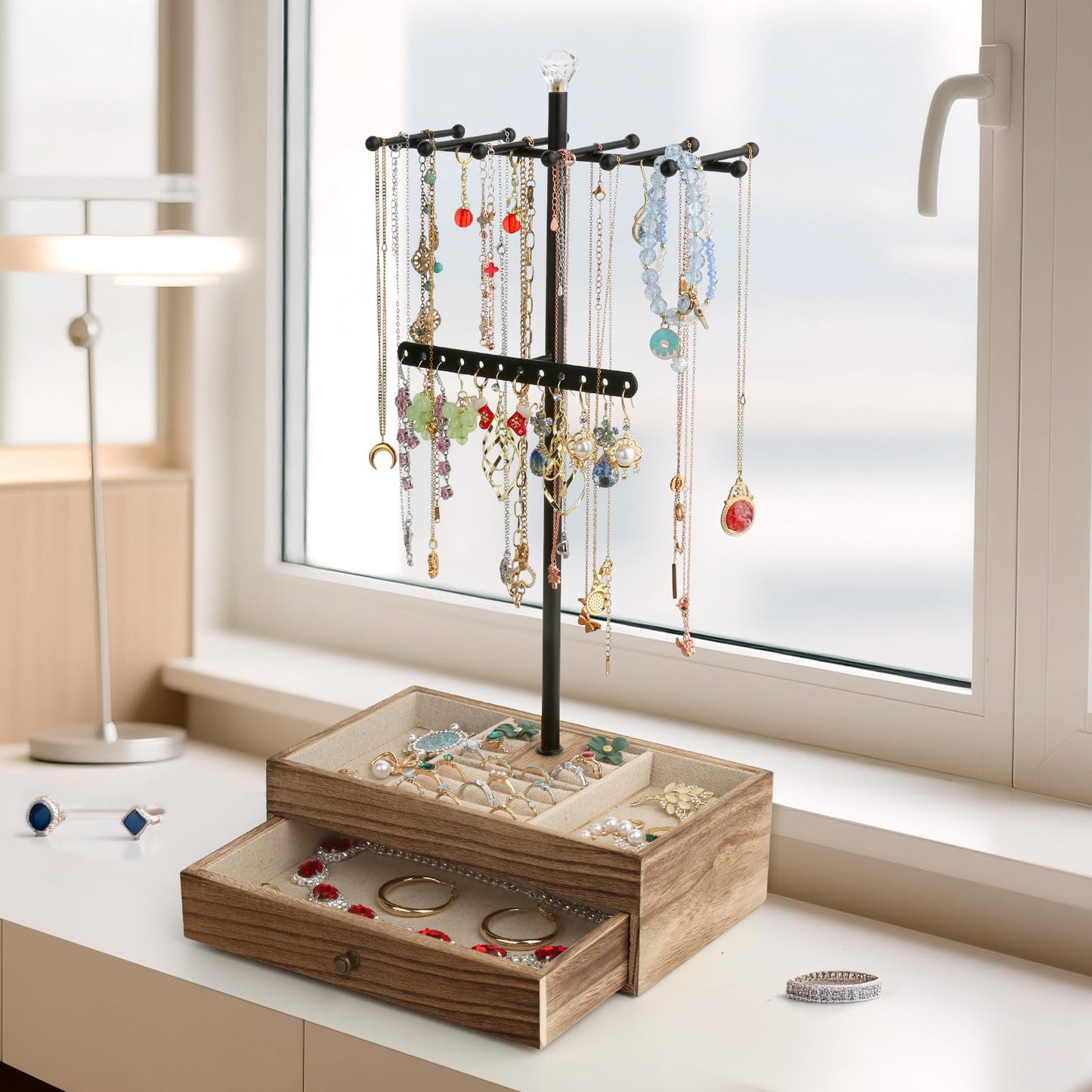 Jewelry Organizer Stand, 3-Tier Necklace Holder Jewelry Tree with Wooden Storage Drawer Box for Necklace Bracelet Earring Ring, Carbonized Black