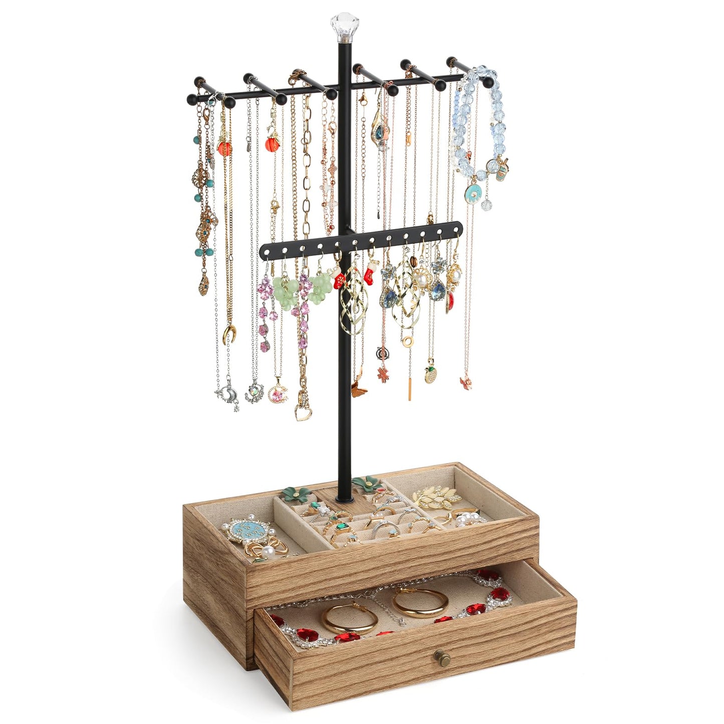 Jewelry Organizer Stand, 3-Tier Necklace Holder Jewelry Tree with Wooden Storage Drawer Box for Necklace Bracelet Earring Ring, Carbonized Black