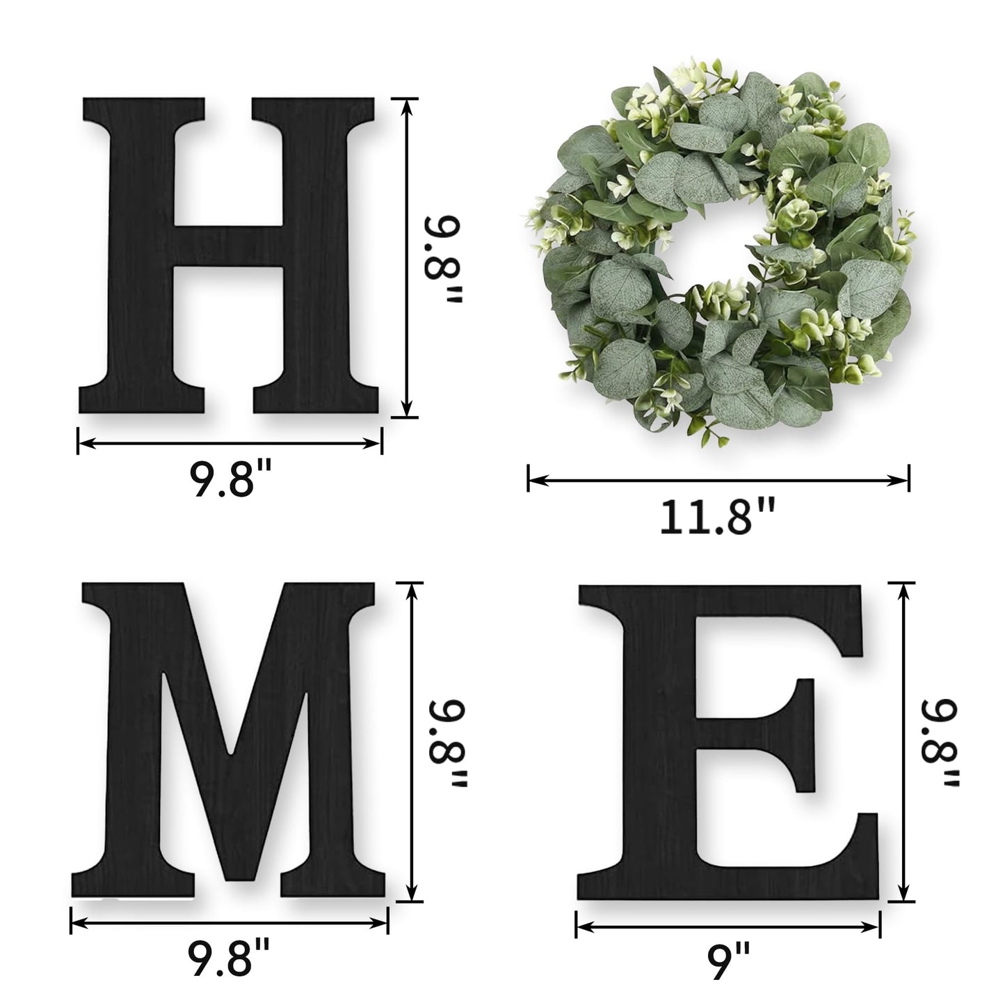 Wood Home Sign with Artificial Eucalyptus Wreath for O, Hanging Farmhouse Wall House Decor Wood Letters for Wall Art Rustic Home Decor, Wall Decor for Living Room Kitchen Entryway (Black)