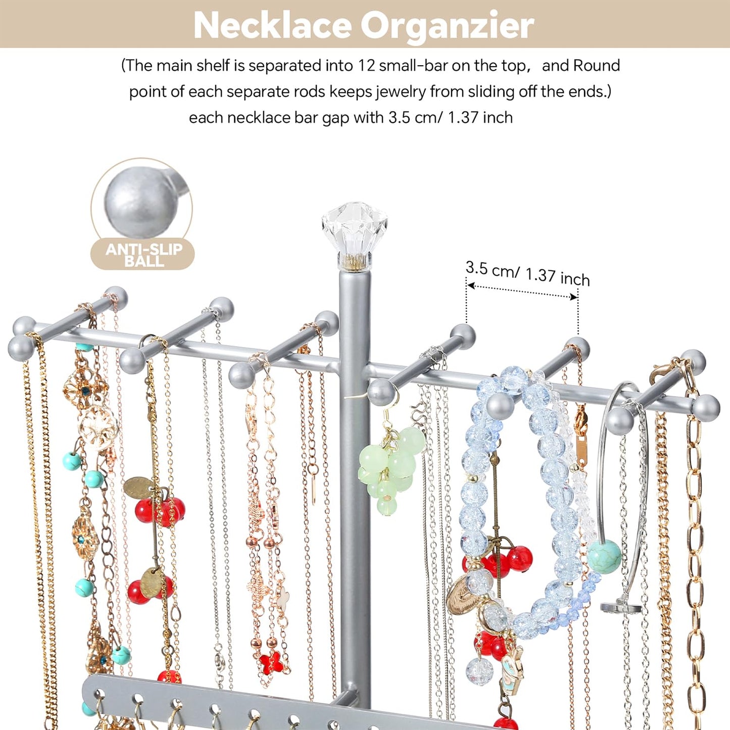 Jewelry Organizer Stand, 15.6" H Jewelry Tree Display Holder Stand for Bracelets Necklaces Earrings Rings, Gift for Women Girls (Silver)