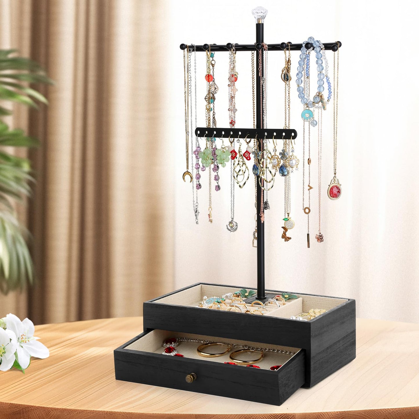Jewelry Organizer Stand, 3-Tier Necklace Holder Jewelry Tree with Wooden Storage Drawer Box for Necklace Bracelet Earring Ring,Black