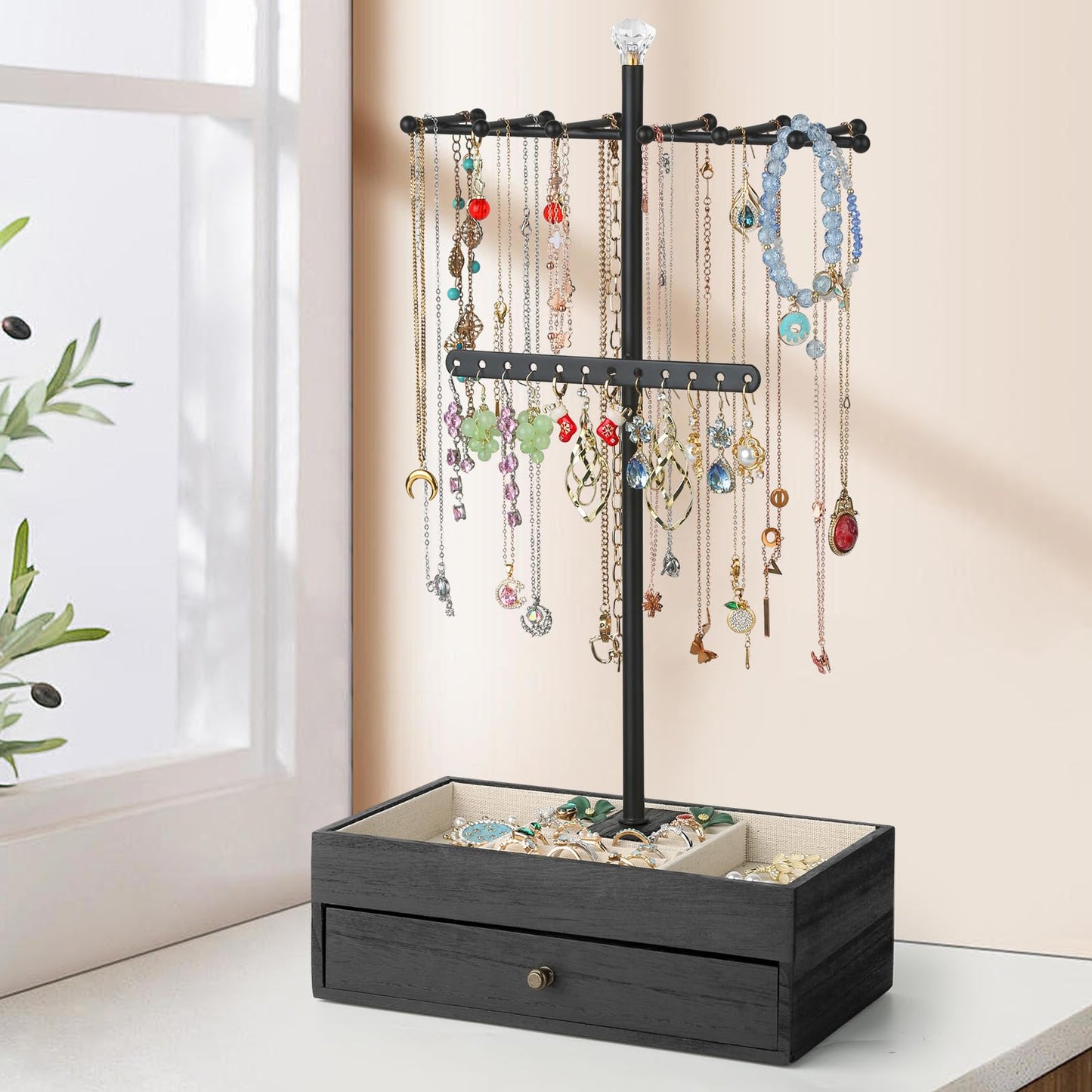 Jewelry Organizer Stand, 3-Tier Necklace Holder Jewelry Tree with Wooden Storage Drawer Box for Necklace Bracelet Earring Ring,Black