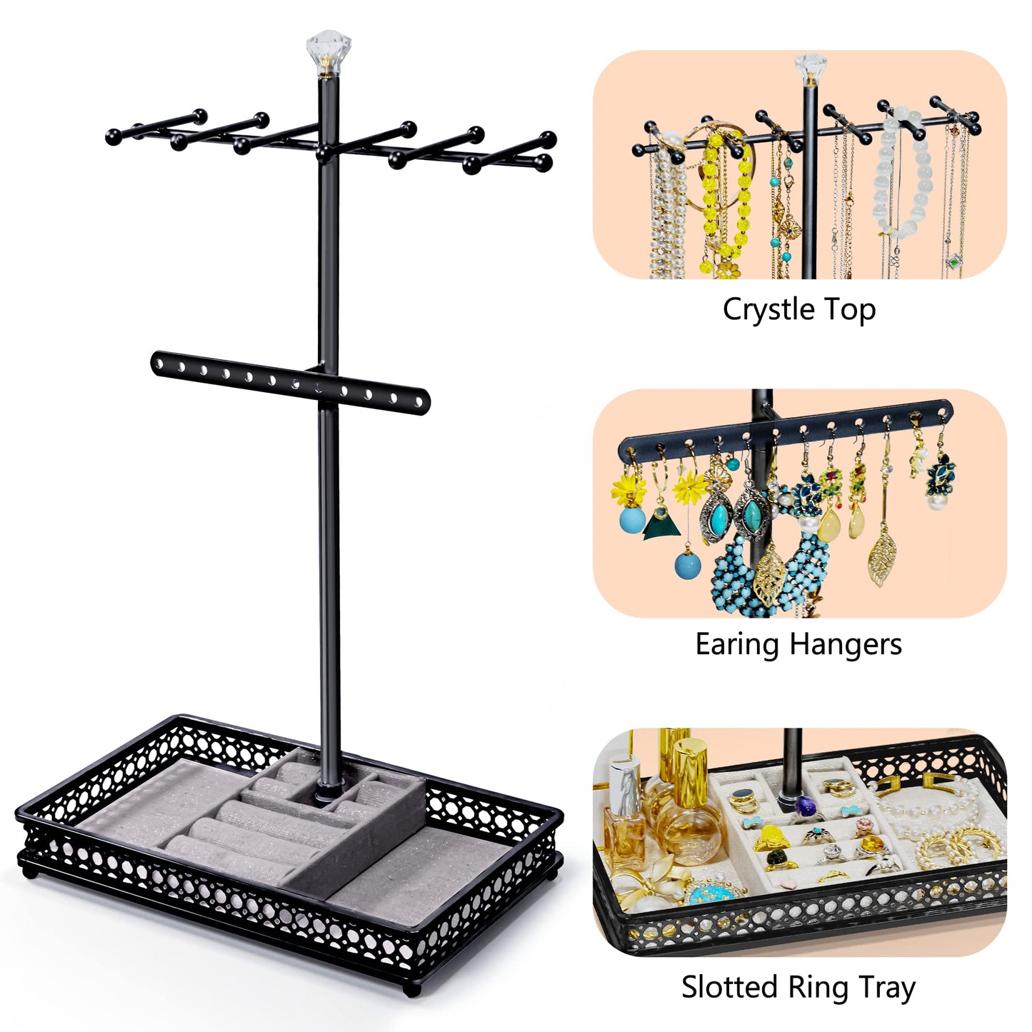 Jewelry Organizer Stand, 15.6" H Jewelry Tree Display Holder Stand for Bracelets Necklaces Earrings Rings, Gift for Women Girls (Black)