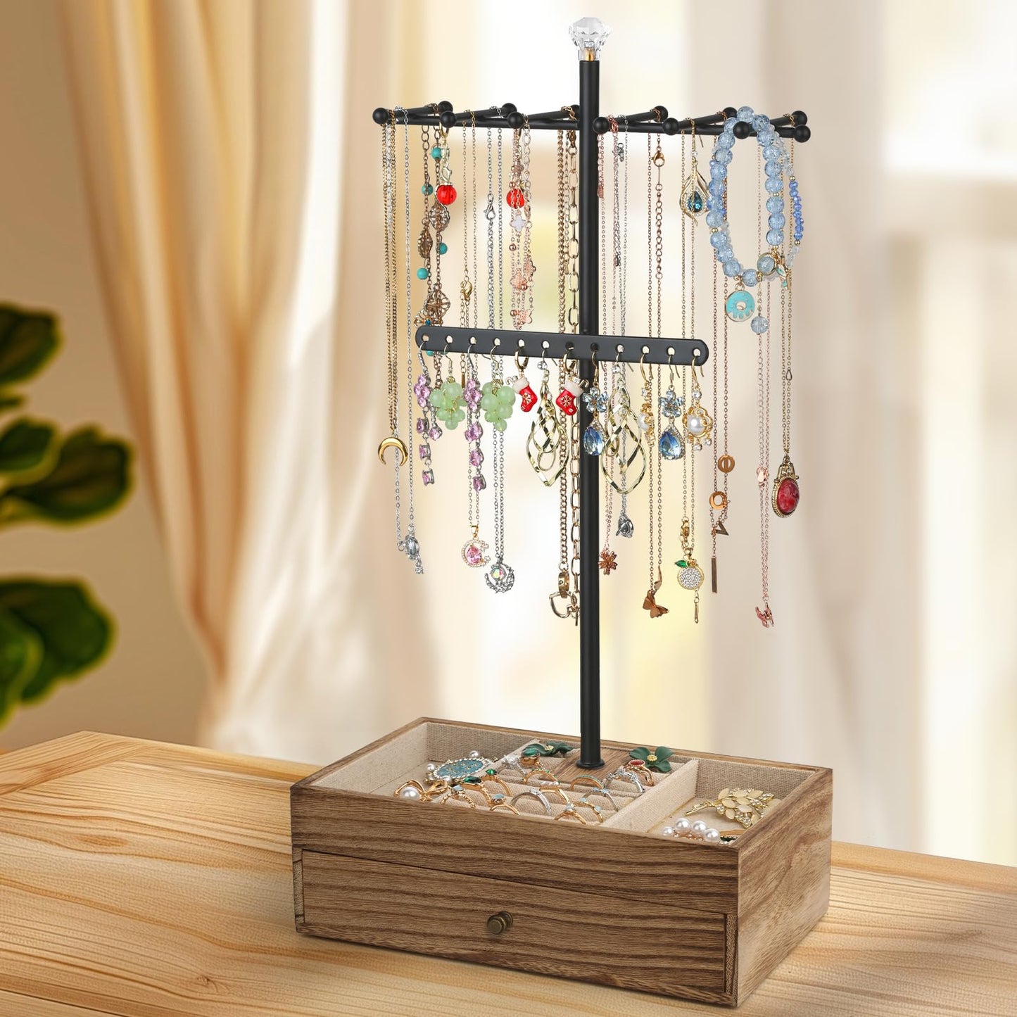 Jewelry Organizer Stand, 3-Tier Necklace Holder Jewelry Tree with Wooden Storage Drawer Box for Necklace Bracelet Earring Ring, Carbonized Black