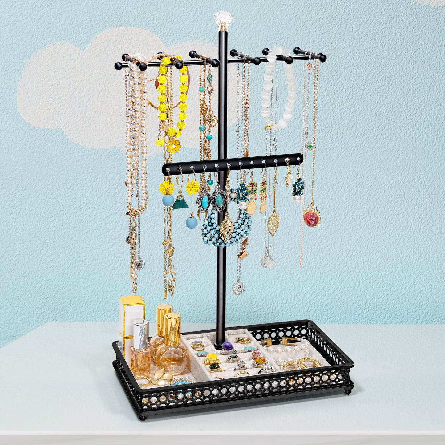 Jewelry Organizer Stand, 15.6" H Jewelry Tree Display Holder Stand for Bracelets Necklaces Earrings Rings, Gift for Women Girls (Black)
