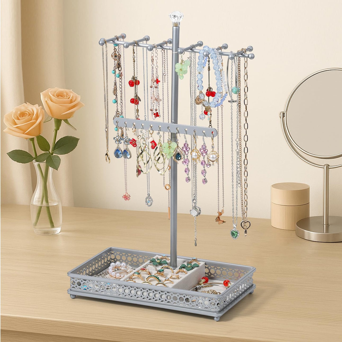 Jewelry Organizer Stand, 15.6" H Jewelry Tree Display Holder Stand for Bracelets Necklaces Earrings Rings, Gift for Women Girls (Silver)