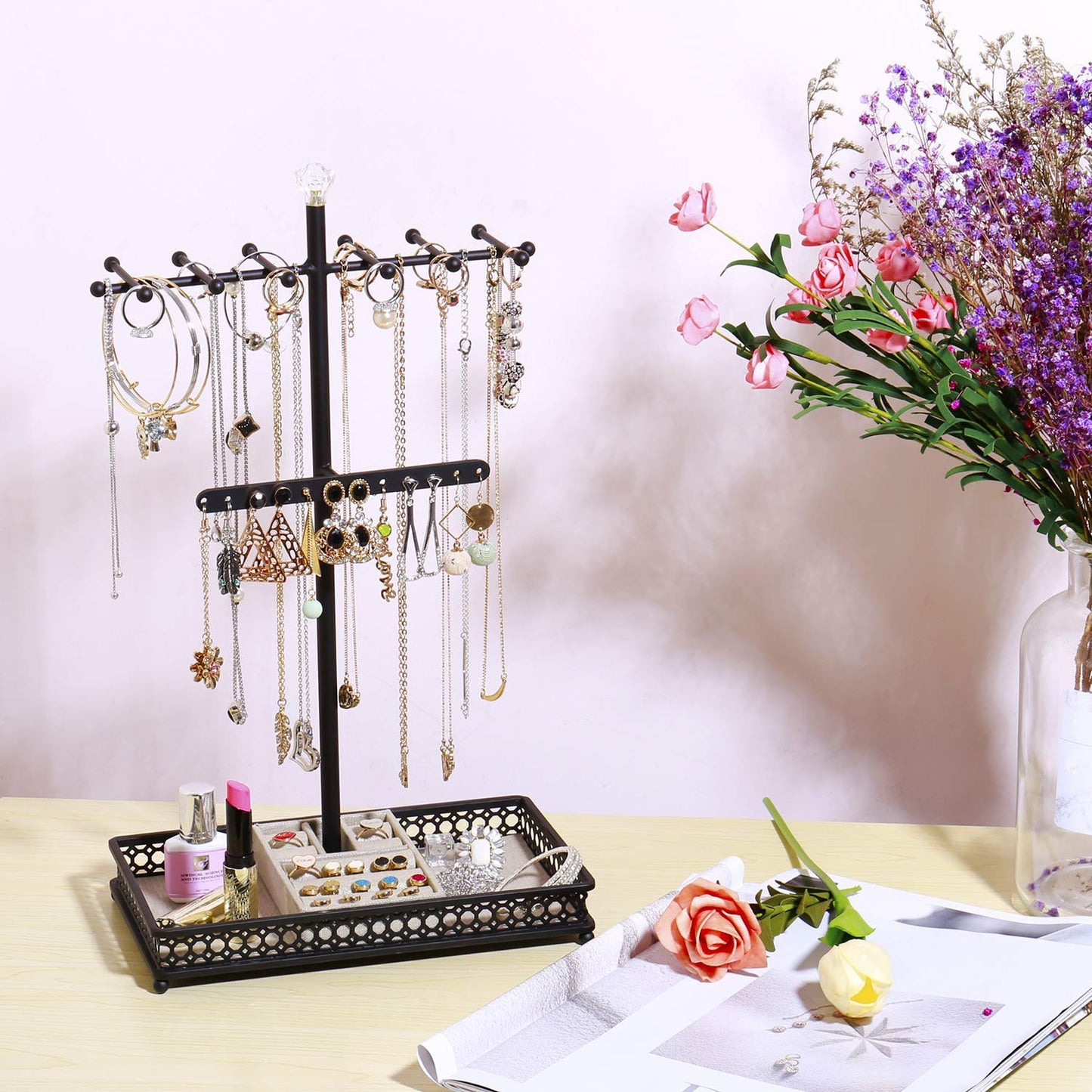 Jewelry Organizer Stand, 15.6" H Jewelry Tree Display Holder Stand for Bracelets Necklaces Earrings Rings, Gift for Women Girls (Black)