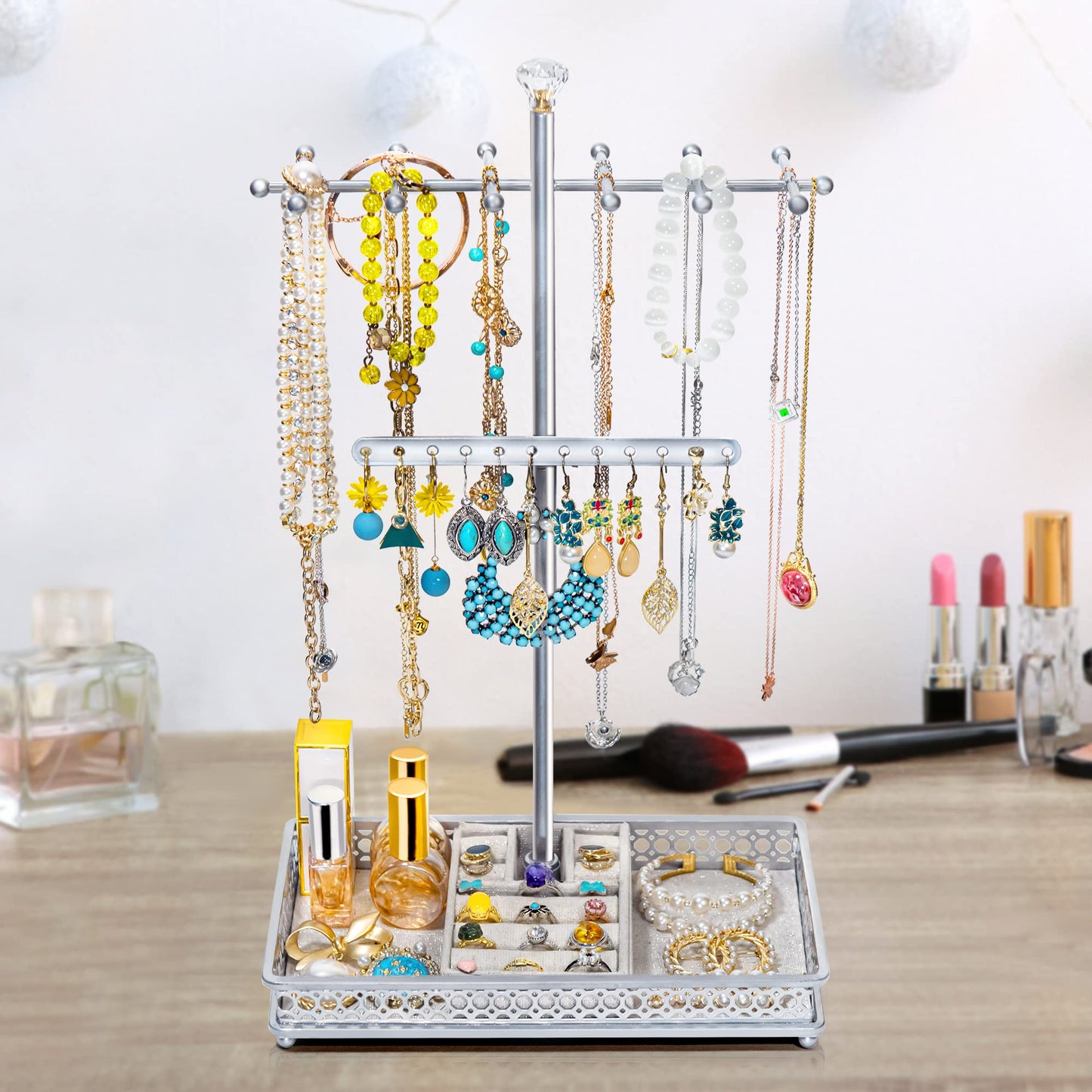Jewelry Organizer Stand, 15.6" H Jewelry Tree Display Holder Stand for Bracelets Necklaces Earrings Rings, Gift for Women Girls (Silver)