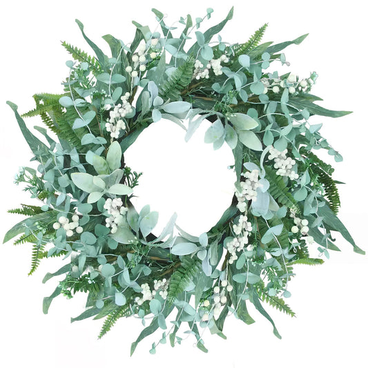 WSTPUPU 24 Inch Eucalyptus Wreath for Front Door, All Season Greenery Wreath with White Berries, Silk Leaves, Indoor or Covered Outdoor Porch Decor