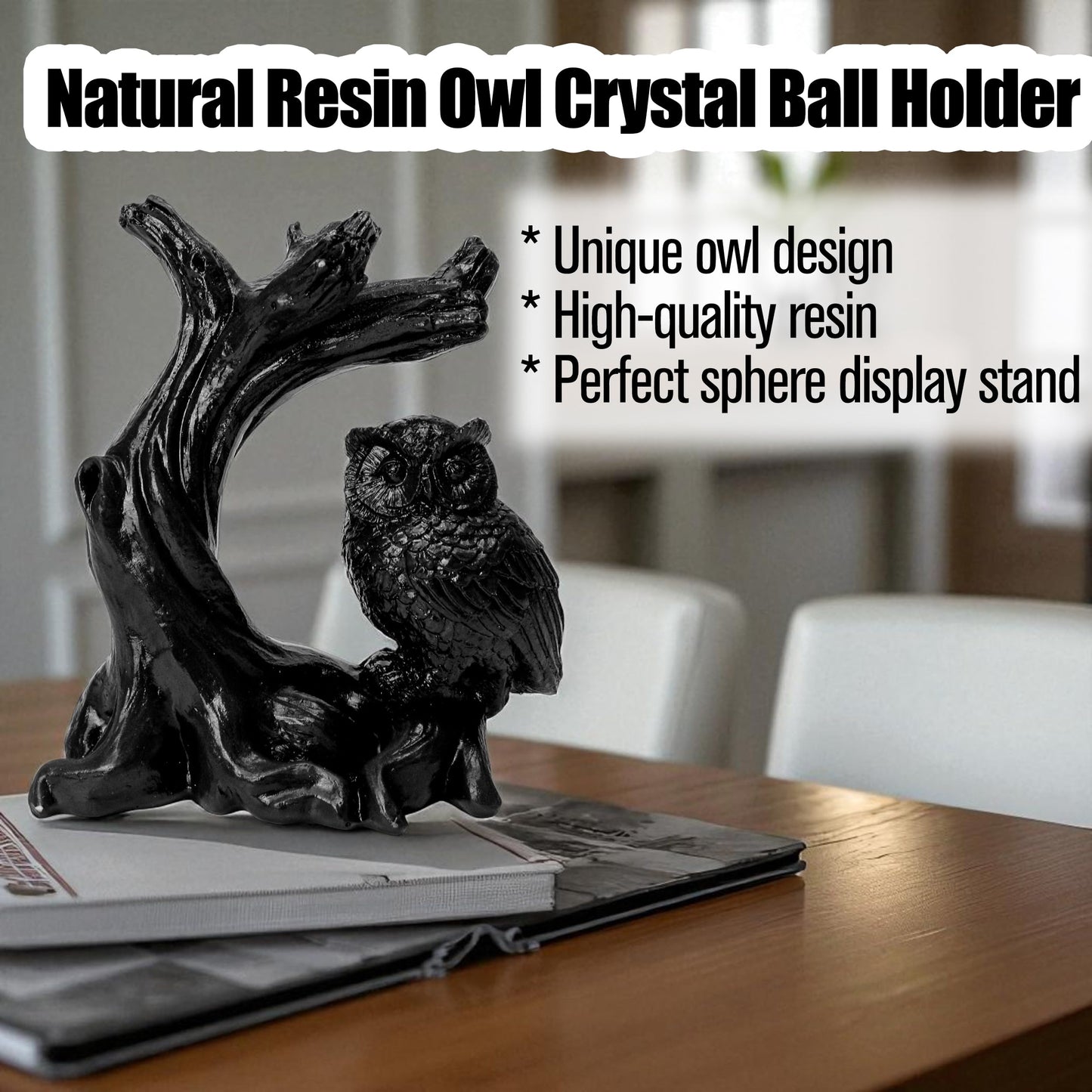 Owl Sphere Holder Crystal Stand Ball Resin Display – 4.92''x4.06'' Natural Quartz Wood Base Figurine, Stable Desktop Decoration for Bedroom, Office, Living Room, Study – Crystal Ball Decor Gift