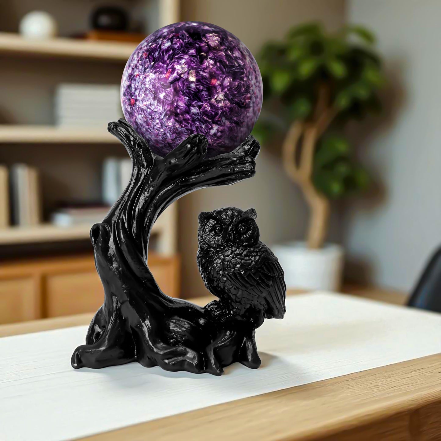 Owl Sphere Holder Crystal Stand Ball Resin Display – 4.92''x4.06'' Natural Quartz Wood Base Figurine, Stable Desktop Decoration for Bedroom, Office, Living Room, Study – Crystal Ball Decor Gift