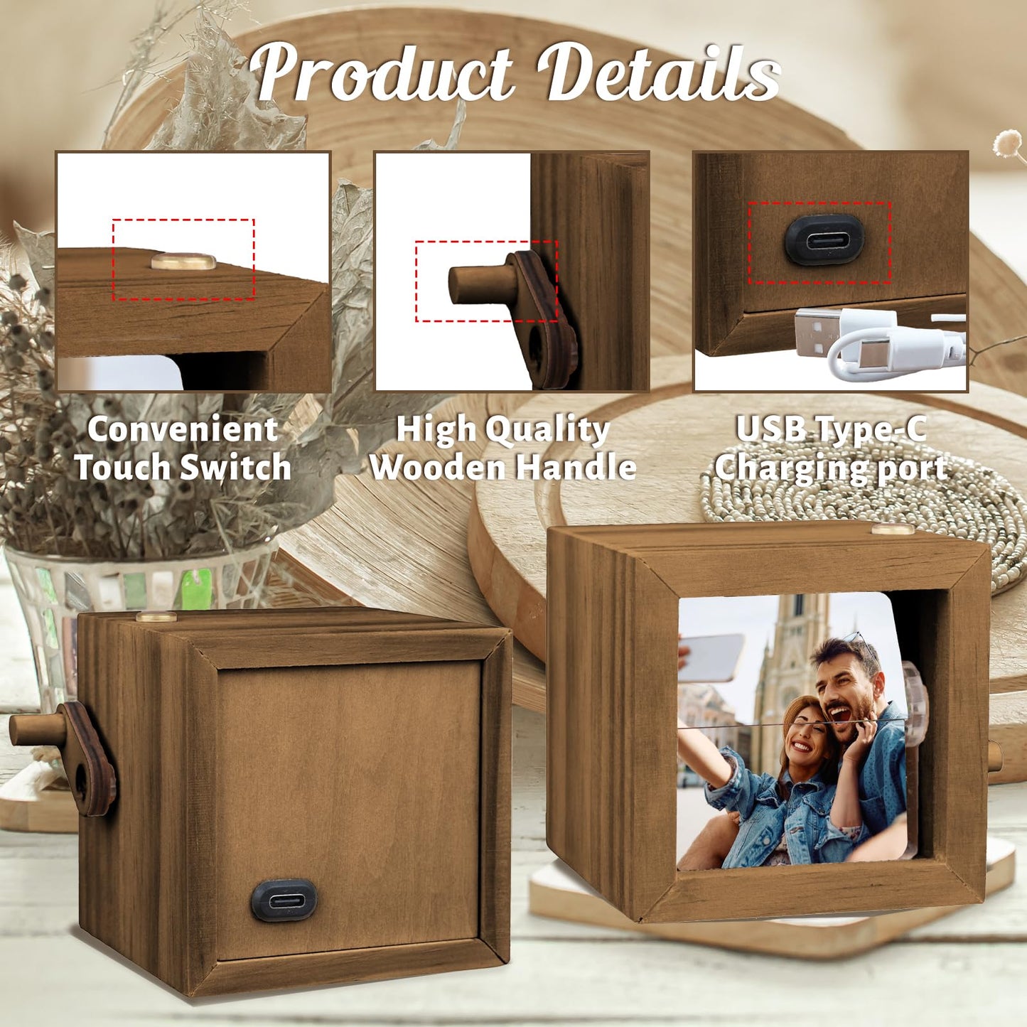 UNIGIFTIME Custom Flip Photo Box, Personalized Photo Flip Book Frame Animation Machine, Custom Hand-crank Flipbook Box Album with Light, Valentines Day Birthday Gifts for Couples