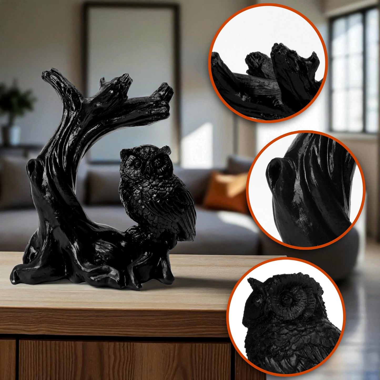 Owl Sphere Holder Crystal Stand Ball Resin Display – 4.92''x4.06'' Natural Quartz Wood Base Figurine, Stable Desktop Decoration for Bedroom, Office, Living Room, Study – Crystal Ball Decor Gift